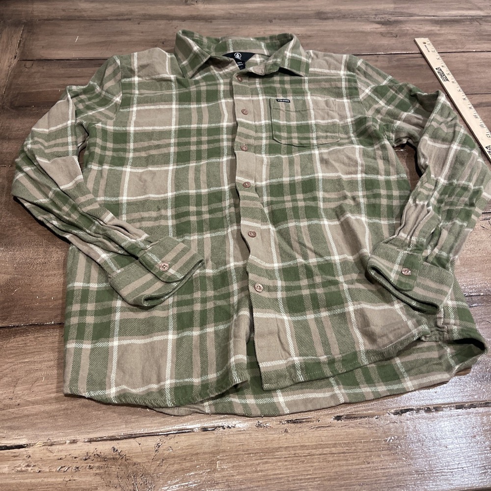 Volcom Men's Tan/Brown/Black Plaid Flannel Button Up‎ Shirt Soft, Size Medium